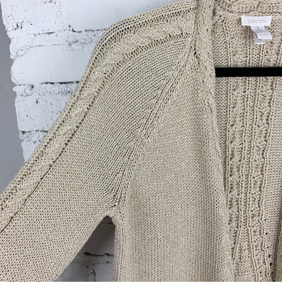 Chico’s Gold Tan Metallic Weave Long Line Knit Cardigan Sweater 1 - Picture 4 of 7